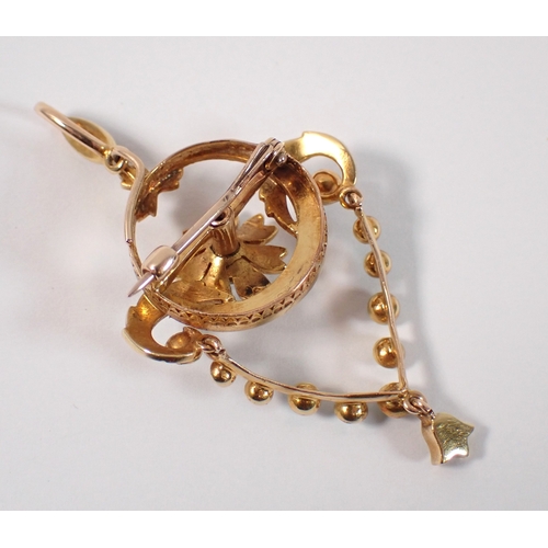419 - A Victorian 18 carat gold diamond and seed pearl floral pendant/brooch with turquoise set hinged dro... 