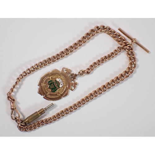 420 - A 9ct gold albert chain with a 9ct gold enamel fob for the Ancient Order of Hibernians and a brass k... 