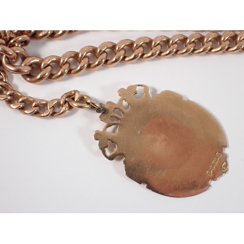 420 - A 9ct gold albert chain with a 9ct gold enamel fob for the Ancient Order of Hibernians and a brass k... 