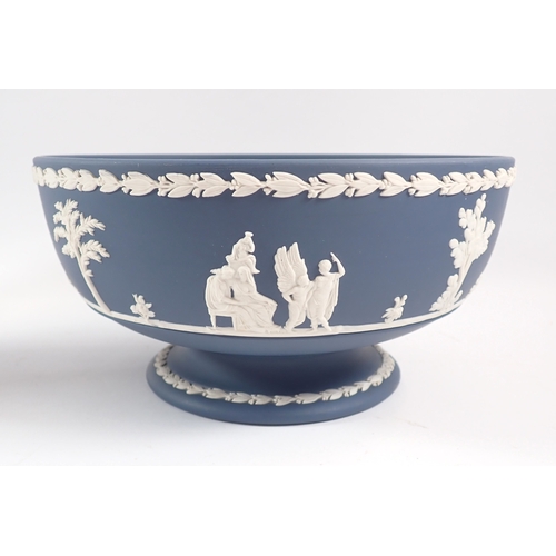 44 - A dark blue Wedgwood Jasperware bowl and vase, 21cm