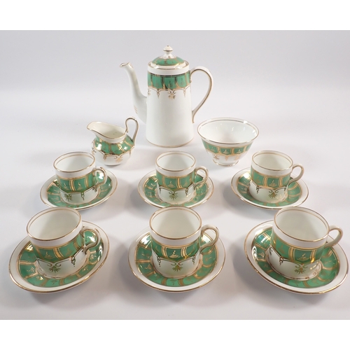 5 - A New Chelsea coffee set with green and gilt decoration comprising coffee pot, cream jug, sugar and ... 