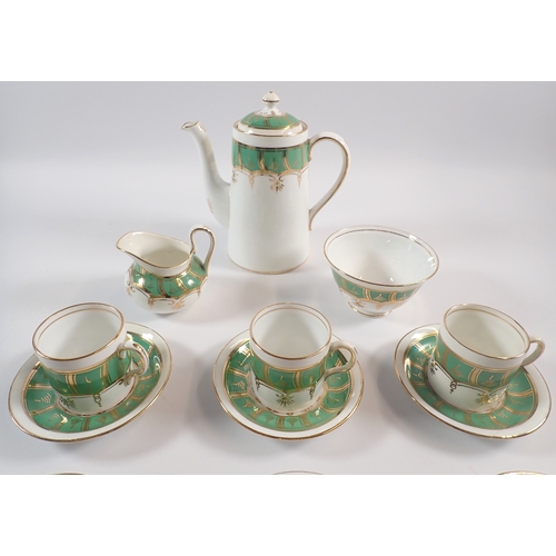 5 - A New Chelsea coffee set with green and gilt decoration comprising coffee pot, cream jug, sugar and ... 