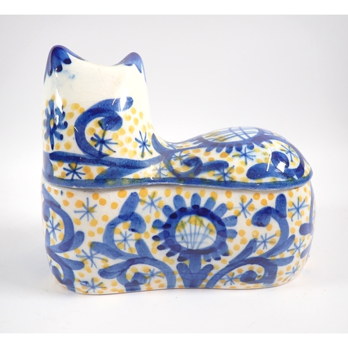 54 - A Spanish tin glazed cat form box, 13cm tall