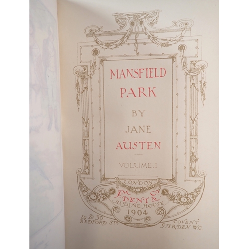 635 - The Works of Jane Austen, Temple Edition across ten books, J M Dent 1904 in suede covers with gilt e... 
