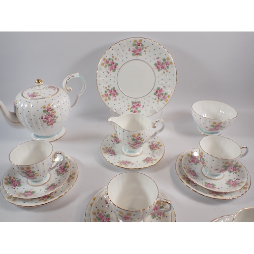 8 - A Royal Grafton 'Estelle' teaset comprising of teapot, milk jug, sugar bowl, six cups, five saucers,... 