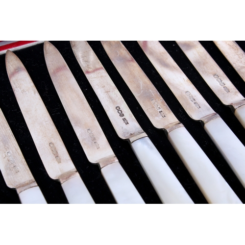 14 - A boxed set of twelve silver and mother of pearl fruit knives. Hallmarks for James Dixon & Sons Ltd,... 
