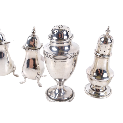33 - Five silver and silverplated salt and pepper pots. Various designs and dates, one silver example wei... 