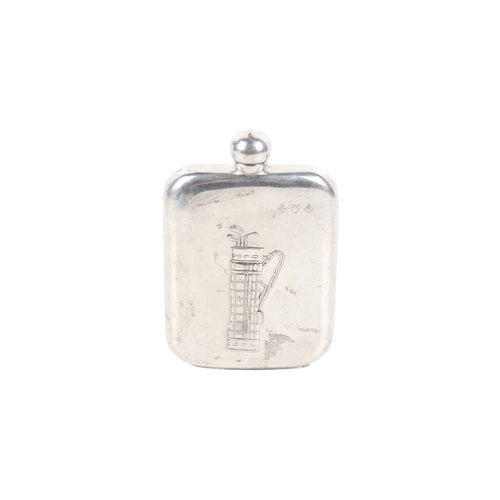 37 - A pewter hip flask decorated in relief with a bag of golf clubs. With marks for BPC, screw lid, H13.... 