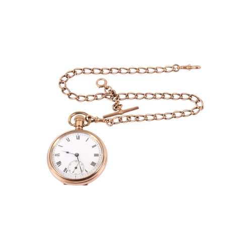188 - A gold plated pocket watch and 9ct gold double Albert chain. The white face with black Roman numeral... 