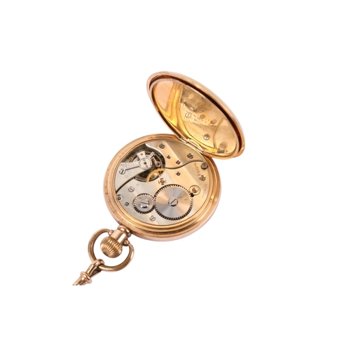 188 - A gold plated pocket watch and 9ct gold double Albert chain. The white face with black Roman numeral... 