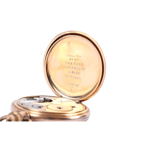 188 - A gold plated pocket watch and 9ct gold double Albert chain. The white face with black Roman numeral... 