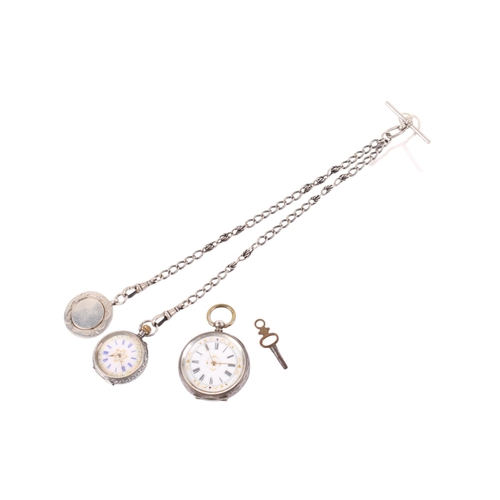 190 - Two silver cased pocket watches. The first with blue Roman numerals and gilt decoration to the white... 