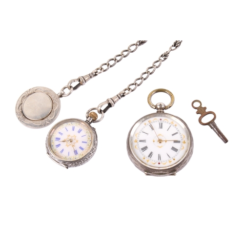 190 - Two silver cased pocket watches. The first with blue Roman numerals and gilt decoration to the white... 