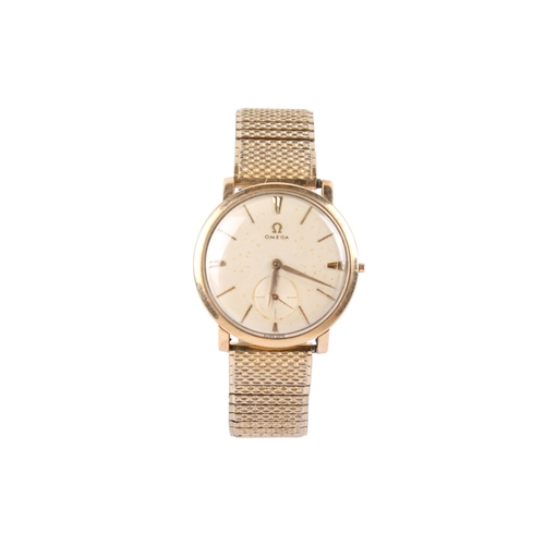 195 - A 9ct gold gentleman's Omega wristwatch. Gold markers and subsidiary dial to the cream face, hallmar... 