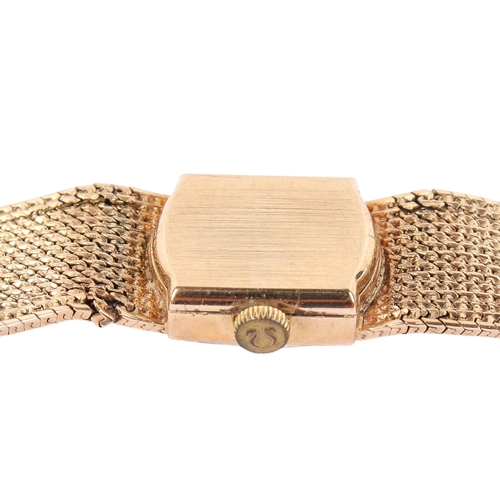 197 - A 9ct gold lady's Omega wristwatch. Gilt markers to the square champagne face, hallmarks to the clas... 