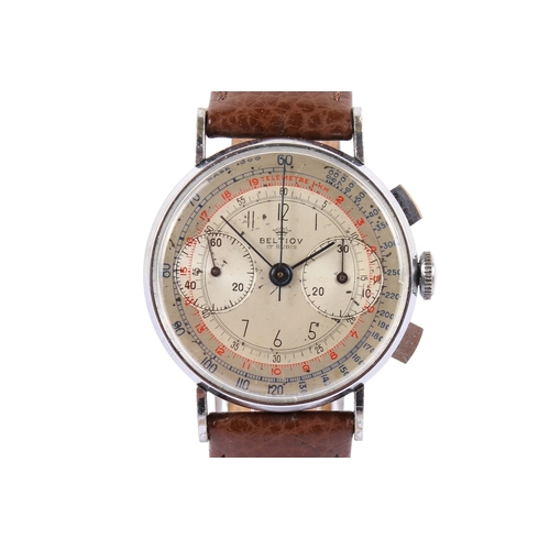 206 - A vintage Beltiov 17 rubis wristwatch. With black and red markings to champagne face, telemetre func... 