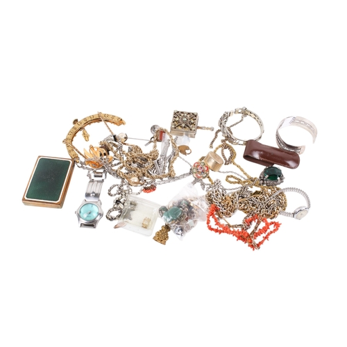 219 - A group of costume and white metal jewellery. Including a gold plated stone set handbag mount, neckl... 