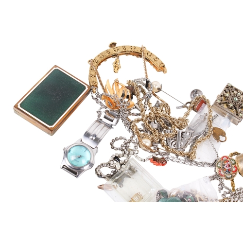 219 - A group of costume and white metal jewellery. Including a gold plated stone set handbag mount, neckl... 