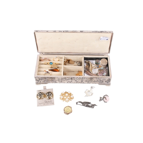 224 - A white metal box of mixed jewellery. Including a yellow metal ring marked 9ct & SL and weighing 1.3... 