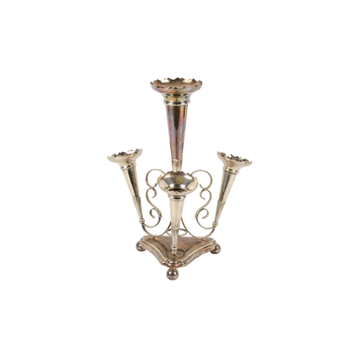 41 - An early 20th century silver plated epergne. With four removeable tapered vases on scroll supports, ... 