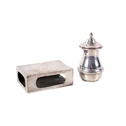 47 - A silver matchbox cover and a pepper pot. The cover with engraved sun ray pattern, hallmarks for Lon... 