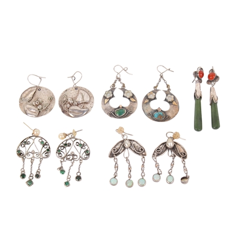 239 - Five pairs of floral design white metal and stone pendant earrings. Set with pearls, opal, jade, tur... 