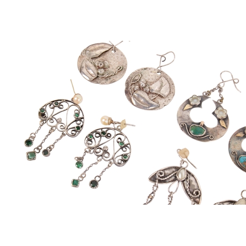 239 - Five pairs of floral design white metal and stone pendant earrings. Set with pearls, opal, jade, tur... 