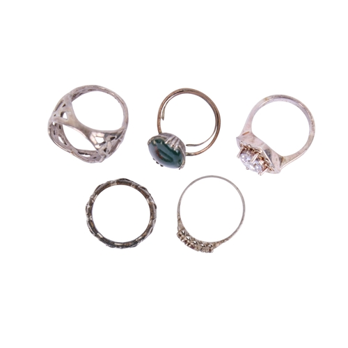 242 - Five silver and white metal rings. Four with stone details, various designs, gross weight 19.4g