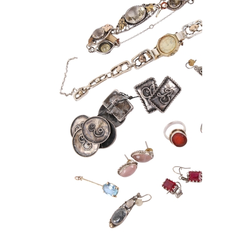 246 - A group of floral design white metal and stone set jewellery and a watch. Including earrings, some w... 