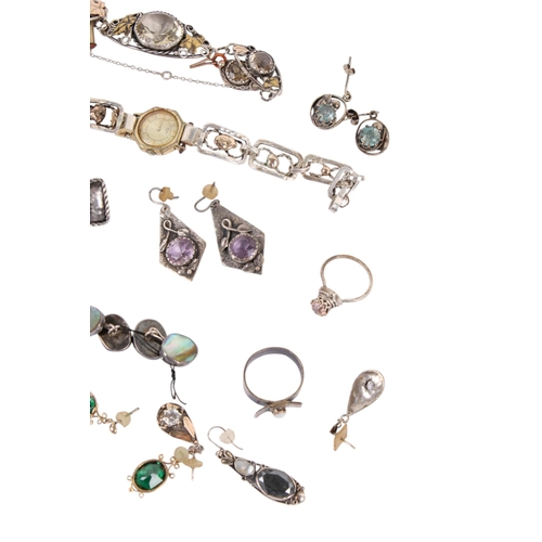 246 - A group of floral design white metal and stone set jewellery and a watch. Including earrings, some w... 