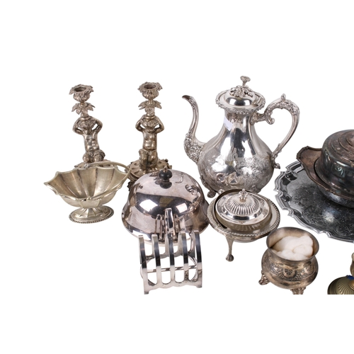 291 - A collection of assorted silver plate items. Including a cake stand and a coffee pot, etc. Max. H24c... 