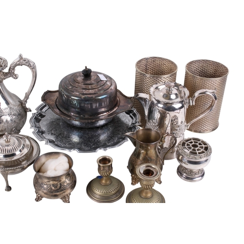 291 - A collection of assorted silver plate items. Including a cake stand and a coffee pot, etc. Max. H24c... 