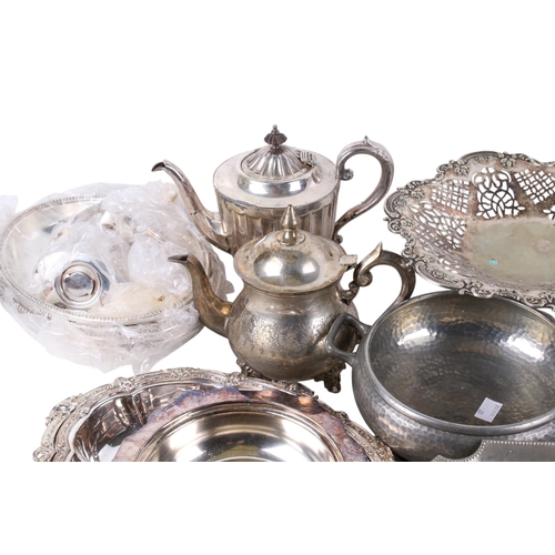 292 - A collection of assorted silver plate items. Including entree dishes, fruit tazza, teapots, etc.