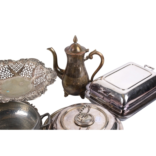 292 - A collection of assorted silver plate items. Including entree dishes, fruit tazza, teapots, etc.
