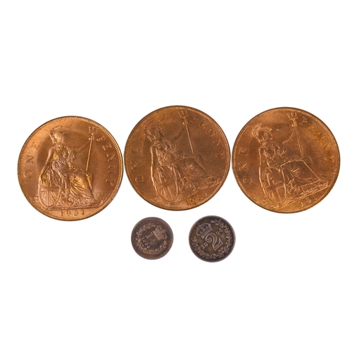 108 - Five 19th and 20th century coins. Including three 1931 Pennies, a 1894 Maundy two-pence and a 1834 t... 