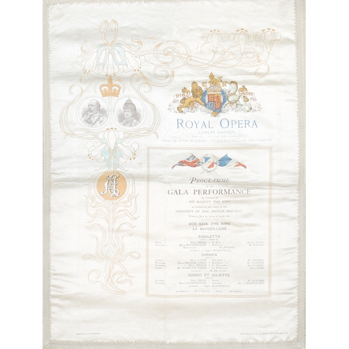 178 - An early 20th century silk opera programme. For a 1904 Gala Performance at the Royal Opera House Cov... 