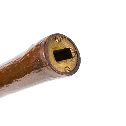 294 - Two sword sticks. The one having a stained mahogany hilt, brass mount and engraved blade, the wooden... 