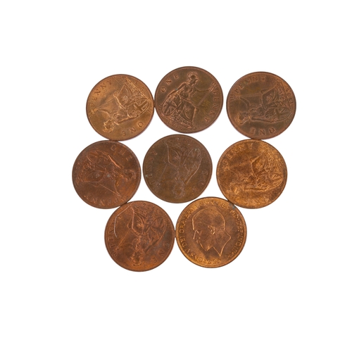 92 - Eight 1930s penny coins. Three date 1931, two dated 1935 and three dated 1936. All EF or better.