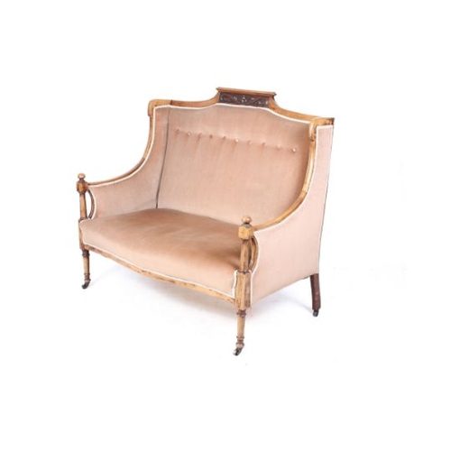 409 - A French style Edwardian mahogany salon suite. Comprising a two seater settee and two armchairs, the... 