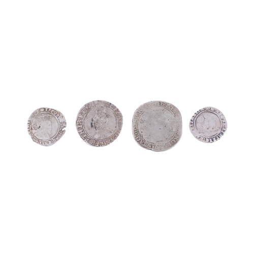62 - A group of four assorted hammered coins. Consisting of an Elizabeth I shilling, 1605 sixpence pierce... 