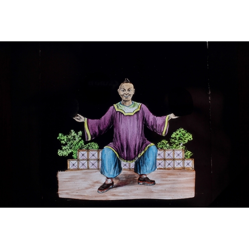 118 - Eight wood-framed hand-coloured double-slipper animated moving Magic Lantern Slides. Two stamped 'Ne... 