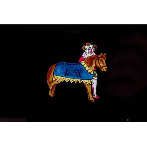 118 - Eight wood-framed hand-coloured double-slipper animated moving Magic Lantern Slides. Two stamped 'Ne... 