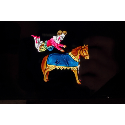 118 - Eight wood-framed hand-coloured double-slipper animated moving Magic Lantern Slides. Two stamped 'Ne... 