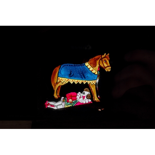 118 - Eight wood-framed hand-coloured double-slipper animated moving Magic Lantern Slides. Two stamped 'Ne... 