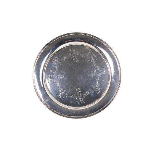 13 - An early 20th century round silver salver. Decorated with swags of flowers and hanging baskets, rais... 