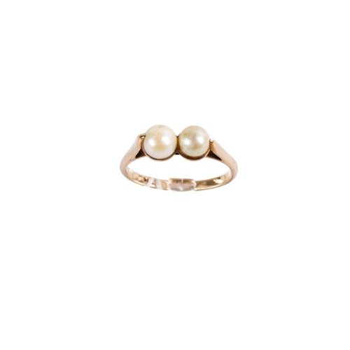 166 - A 9ct gold (tested) double pearl ring. The largest pearl 5.7mm diameter, the smaller of a very pale ... 