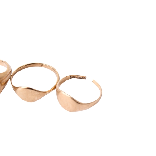 272 - Three 9ct gold signet rings. Two hallmarked, one marked 9ct, one broken, gross weight 8.5g.