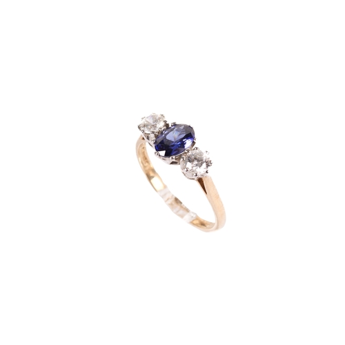 107 - Two 9ct gold and stone rings. The first set with a central sapphire and small diamonds, rubbed hallm... 