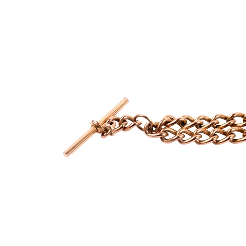 205 - A 9ct gold double Albert chain. Each link of main chain and t-bar marked 375, lobster clasp not mark... 