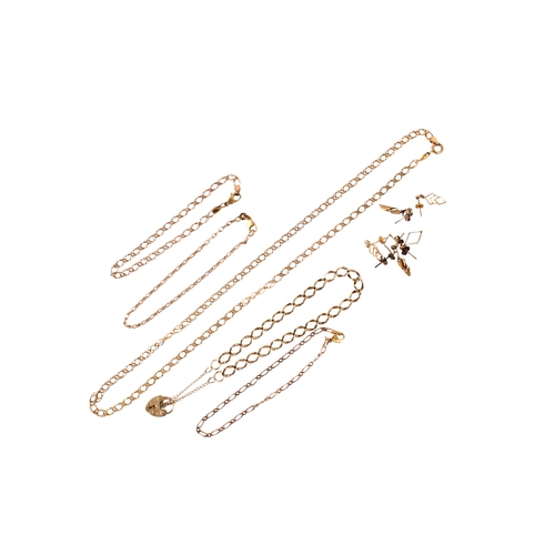 211 - Five 9ct gold necklaces and bracelets and three pairs of earrings. Mostly Italian, hallmarked or mar... 